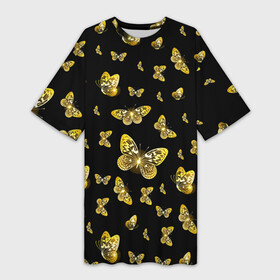 Платье-футболка 3D с принтом Golden Butterfly pattern в Екатеринбурге,  |  | black | pattern | summer | wings | ангел | бабочка | бабочки | блестки | блестящий | девушке | желтые | животные | звери | золото | золотые | крылья | летать | летний | лето | мотылек | насекомое | ночные | паттерн