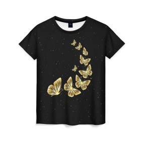 Женская футболка 3D с принтом Golden Butterfly in Space в Екатеринбурге, 100% полиэфир ( синтетическое хлопкоподобное полотно) | прямой крой, круглый вырез горловины, длина до линии бедер | black | summer | wings | ангел | бабочка | бабочки | блестки | блестящий | девушке | желтые | животные | звезды | звери | золото | золотые | космос | крылья | летать | летний | лето | мотылек | насекомое | ночные