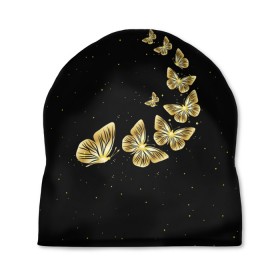 Шапка 3D с принтом Golden Butterfly in Space в Екатеринбурге, 100% полиэстер | универсальный размер, печать по всей поверхности изделия | black | summer | wings | ангел | бабочка | бабочки | блестки | блестящий | девушке | желтые | животные | звезды | звери | золото | золотые | космос | крылья | летать | летний | лето | мотылек | насекомое | ночные