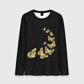 Мужской лонгслив 3D с принтом Golden Butterfly in Space в Екатеринбурге, 100% полиэстер | длинные рукава, круглый вырез горловины, полуприлегающий силуэт | black | summer | wings | ангел | бабочка | бабочки | блестки | блестящий | девушке | желтые | животные | звезды | звери | золото | золотые | космос | крылья | летать | летний | лето | мотылек | насекомое | ночные
