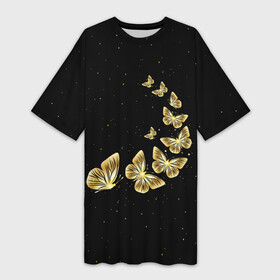 Платье-футболка 3D с принтом Golden Butterfly in Space в Екатеринбурге,  |  | black | summer | wings | ангел | бабочка | бабочки | блестки | блестящий | девушке | желтые | животные | звезды | звери | золото | золотые | космос | крылья | летать | летний | лето | мотылек | насекомое | ночные