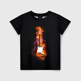 Детская футболка 3D с принтом Огонь музыка в Екатеринбурге, 100% гипоаллергенный полиэфир | прямой крой, круглый вырез горловины, длина до линии бедер, чуть спущенное плечо, ткань немного тянется | Тематика изображения на принте: black | гитара | гитарист | гитаристу | демон | инструменты | музыка | музыкальные | музыкант | огненный | огонек | огонь | пение | песня | пламя | поп | профессия | рок | рокер | струны | хобби