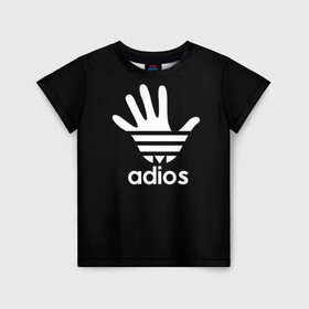 Детская футболка 3D с принтом Adios в Екатеринбурге, 100% гипоаллергенный полиэфир | прямой крой, круглый вырез горловины, длина до линии бедер, чуть спущенное плечо, ткань немного тянется | Тематика изображения на принте: adidas | adios | адидас | адьос | бренд | ладонь | мем | отпечаток | рука
