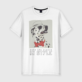 Мужская футболка хлопок Slim с принтом далматинец на стиле в Екатеринбурге, 92% хлопок, 8% лайкра | приталенный силуэт, круглый вырез ворота, длина до линии бедра, короткий рукав | арт | бабочка | далматинец | джентльмен | животные | картинка | мода | на моде | очки | пес | рисунок | собака | стиль | стильная собака | шляпа