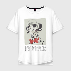 Мужская футболка хлопок Oversize с принтом далматинец на стиле в Екатеринбурге, 100% хлопок | свободный крой, круглый ворот, “спинка” длиннее передней части | арт | бабочка | далматинец | джентльмен | животные | картинка | мода | на моде | очки | пес | рисунок | собака | стиль | стильная собака | шляпа