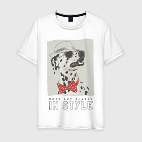 Мужская футболка хлопок с принтом далматинец на стиле в Екатеринбурге, 100% хлопок | прямой крой, круглый вырез горловины, длина до линии бедер, слегка спущенное плечо. | арт | бабочка | далматинец | джентльмен | животные | картинка | мода | на моде | очки | пес | рисунок | собака | стиль | стильная собака | шляпа