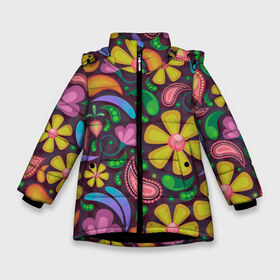 Зимняя куртка для девочек 3D с принтом летние цветы узор на темном в Екатеринбурге, ткань верха — 100% полиэстер; подклад — 100% полиэстер, утеплитель — 100% полиэстер. | длина ниже бедра, удлиненная спинка, воротник стойка и отстегивающийся капюшон. Есть боковые карманы с листочкой на кнопках, утяжки по низу изделия и внутренний карман на молнии. 

Предусмотрены светоотражающий принт на спинке, радужный светоотражающий элемент на пуллере молнии и на резинке для утяжки. | арт | вектор | лето | рисунок | ромашки | темный фон | узор | хаотичный | цветы
