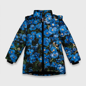 Зимняя куртка для девочек 3D с принтом Поле синих цветов фиалки лето в Екатеринбурге, ткань верха — 100% полиэстер; подклад — 100% полиэстер, утеплитель — 100% полиэстер. | длина ниже бедра, удлиненная спинка, воротник стойка и отстегивающийся капюшон. Есть боковые карманы с листочкой на кнопках, утяжки по низу изделия и внутренний карман на молнии. 

Предусмотрены светоотражающий принт на спинке, радужный светоотражающий элемент на пуллере молнии и на резинке для утяжки. | голубые цветочки | лето | луг | незабудки | поле | поляна | синие цветы | узор из цветов | фиалки | фото реализм | цветы