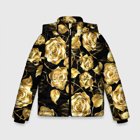 Зимняя куртка для мальчиков 3D с принтом Golden Roses в Екатеринбурге, ткань верха — 100% полиэстер; подклад — 100% полиэстер, утеплитель — 100% полиэстер | длина ниже бедра, удлиненная спинка, воротник стойка и отстегивающийся капюшон. Есть боковые карманы с листочкой на кнопках, утяжки по низу изделия и внутренний карман на молнии. 

Предусмотрены светоотражающий принт на спинке, радужный светоотражающий элемент на пуллере молнии и на резинке для утяжки | Тематика изображения на принте: flower | flowers | gold | golden | luxe | luxery | pink | rose | золотая | золото | красивая | мода | прикольная | приятная | роза | розовая | стильная | тренд | цветок | цветы | цвточки