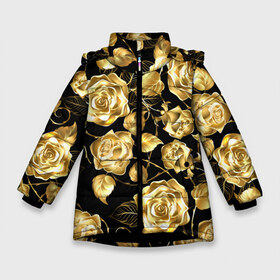 Зимняя куртка для девочек 3D с принтом Golden Roses в Екатеринбурге, ткань верха — 100% полиэстер; подклад — 100% полиэстер, утеплитель — 100% полиэстер. | длина ниже бедра, удлиненная спинка, воротник стойка и отстегивающийся капюшон. Есть боковые карманы с листочкой на кнопках, утяжки по низу изделия и внутренний карман на молнии. 

Предусмотрены светоотражающий принт на спинке, радужный светоотражающий элемент на пуллере молнии и на резинке для утяжки. | Тематика изображения на принте: flower | flowers | gold | golden | luxe | luxery | pink | rose | золотая | золото | красивая | мода | прикольная | приятная | роза | розовая | стильная | тренд | цветок | цветы | цвточки