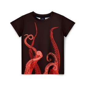 Детская футболка 3D с принтом Red Octopus в Екатеринбурге, 100% гипоаллергенный полиэфир | прямой крой, круглый вырез горловины, длина до линии бедер, чуть спущенное плечо, ткань немного тянется | Тематика изображения на принте: 