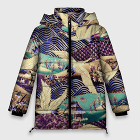 Женская зимняя куртка 3D с принтом Японская вышивка с журавлями в Екатеринбурге, верх — 100% полиэстер; подкладка — 100% полиэстер; утеплитель — 100% полиэстер | длина ниже бедра, силуэт Оверсайз. Есть воротник-стойка, отстегивающийся капюшон и ветрозащитная планка. 

Боковые карманы с листочкой на кнопках и внутренний карман на молнии | textures | азиатский | азия | весна | восточный | вышивка сашико | вышивка японская | журавли | журавли вышивка | журавли летят | кимоно | крылья | лето | полет | природа | птицы | птичья стая | текстуры