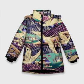 Зимняя куртка для девочек 3D с принтом Японская вышивка с журавлями в Екатеринбурге, ткань верха — 100% полиэстер; подклад — 100% полиэстер, утеплитель — 100% полиэстер. | длина ниже бедра, удлиненная спинка, воротник стойка и отстегивающийся капюшон. Есть боковые карманы с листочкой на кнопках, утяжки по низу изделия и внутренний карман на молнии. 

Предусмотрены светоотражающий принт на спинке, радужный светоотражающий элемент на пуллере молнии и на резинке для утяжки. | textures | азиатский | азия | весна | восточный | вышивка сашико | вышивка японская | журавли | журавли вышивка | журавли летят | кимоно | крылья | лето | полет | природа | птицы | птичья стая | текстуры