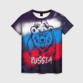 Женская футболка 3D с принтом Russia Bear в Екатеринбурге, 100% полиэфир ( синтетическое хлопкоподобное полотно) | прямой крой, круглый вырез горловины, длина до линии бедер | 12 июня | bear | marble | russia | грозный медведь | день россии | медведь | мишка | мрамор | мраморная | праздник | россия | страна | триколор | флаг