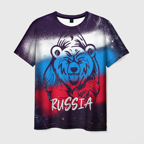 Мужская футболка 3D с принтом Russia Bear в Екатеринбурге, 100% полиэфир | прямой крой, круглый вырез горловины, длина до линии бедер | 12 июня | bear | marble | russia | грозный медведь | день россии | медведь | мишка | мрамор | мраморная | праздник | россия | страна | триколор | флаг
