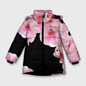 Зимняя куртка для девочек 3D с принтом Орхидеи в ночи в Екатеринбурге, ткань верха — 100% полиэстер; подклад — 100% полиэстер, утеплитель — 100% полиэстер. | длина ниже бедра, удлиненная спинка, воротник стойка и отстегивающийся капюшон. Есть боковые карманы с листочкой на кнопках, утяжки по низу изделия и внутренний карман на молнии. 

Предусмотрены светоотражающий принт на спинке, радужный светоотражающий элемент на пуллере молнии и на резинке для утяжки. | Тематика изображения на принте: азия | бабочки | бутоны | ветки | девушкам | джунгли | женщинам | лепестки | летний | лето | листья | любовь | март | орхидеи | орхидея | подарок | природа | растения | розовыецветы | сад | тропика