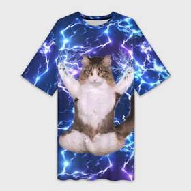 Платье-футболка 3D с принтом Грозовой Котик в Екатеринбурге,  |  | cat | cats | kitten | kitty | memes | nice | punk | rain | yoga | грозы | дождь | йога | кот | котик | котики | котэ | кошка | медитация | мем | мемы | милая | милый | молнии | панк | приколы | рок | рэп | трэш