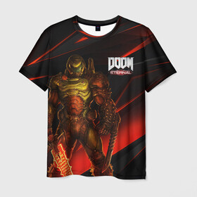 Мужская футболка 3D с принтом DOOM ETERNAL в Екатеринбурге, 100% полиэфир | прямой крой, круглый вырез горловины, длина до линии бедер | demons | devil | doom | doom eternal | doom guy | doom slayer | hell | iddqd | slayer | ад | демоны | дум | палач рока