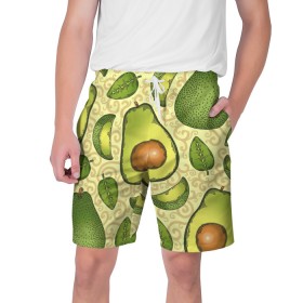 Мужские шорты 3D с принтом Авокадо в Екатеринбурге,  полиэстер 100% | прямой крой, два кармана без застежек по бокам. Мягкая трикотажная резинка на поясе, внутри которой широкие завязки. Длина чуть выше колен | Тематика изображения на принте: авокадо | зеленый | лайм | листок
