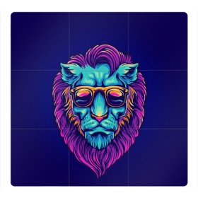 Магнитный плакат 3Х3 с принтом Неоновый лев в очках в Екатеринбурге, Полимерный материал с магнитным слоем | 9 деталей размером 9*9 см | грива | животные | закат | зверей | кошка | лев | лето | львенок | неоновая | очки | пляж | прайд | разноцветная | солнце | тигр | царь