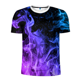 Мужская футболка 3D спортивная с принтом ОГОНЬ НЕОН в Екатеринбурге, 100% полиэстер с улучшенными характеристиками | приталенный силуэт, круглая горловина, широкие плечи, сужается к линии бедра | абстракция | горит | неон | неоновый | огонь | пламя | пожар | синий | текстура | фиолетовый | яркий