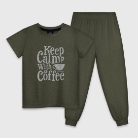 Детская пижама хлопок с принтом Keep calm with coffee в Екатеринбурге, 100% хлопок |  брюки и футболка прямого кроя, без карманов, на брюках мягкая резинка на поясе и по низу штанин
 | coffee | keep calm | ароматный | бодрящий | горячий | кофе | кофеек | кофейная | кофеман | кофи | крепкие | крепкий | нервы | с кофе | с утра | сохраняй спокойствие | успокаивает | утренний | утро | чашка