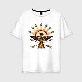 Женская футболка хлопок Oversize с принтом Индейские мотивы в Екатеринбурге, 100% хлопок | свободный крой, круглый ворот, спущенный рукав, длина до линии бедер
 | арт | индеец | индейцы | орёл | орлы | перо | перья | солнце | стрела стрелы | сша