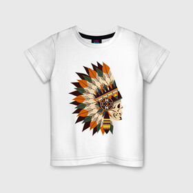 Детская футболка хлопок с принтом Индейские мотивы в Екатеринбурге, 100% хлопок | круглый вырез горловины, полуприлегающий силуэт, длина до линии бедер | Тематика изображения на принте: арт | индеец | индейцы | перо | перья | стрела стрелы | сша | череп | черепа