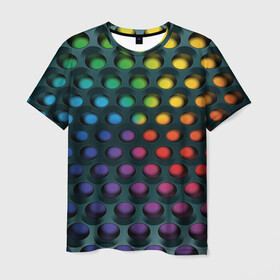 Мужская футболка 3D с принтом 3Д спектр в Екатеринбурге, 100% полиэфир | прямой крой, круглый вырез горловины, длина до линии бедер | горошек | железо | жесть | излучение | иллюзия | круги | лампочки | металл | оболочка | объём | радуга | сияние | соты | сталь | фонари | шарики | шары