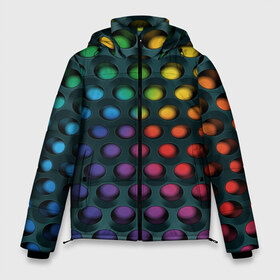 Мужская зимняя куртка 3D с принтом 3Д спектр в Екатеринбурге, верх — 100% полиэстер; подкладка — 100% полиэстер; утеплитель — 100% полиэстер | длина ниже бедра, свободный силуэт Оверсайз. Есть воротник-стойка, отстегивающийся капюшон и ветрозащитная планка. 

Боковые карманы с листочкой на кнопках и внутренний карман на молнии. | Тематика изображения на принте: горошек | железо | жесть | излучение | иллюзия | круги | лампочки | металл | оболочка | объём | радуга | сияние | соты | сталь | фонари | шарики | шары