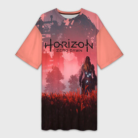 Платье-футболка 3D с принтом HORIZON ZERO DAWN в Екатеринбурге,  |  | aloy | antasy girl | art | artwork | digital art | fantasy | horizon | horizon: zero dawn | landscape | tallneck | warrior fantasy | weapon | zero dawn