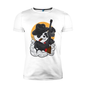 Мужская футболка премиум с принтом Panda Gangster в Екатеринбурге, 92% хлопок, 8% лайкра | приталенный силуэт, круглый вырез ворота, длина до линии бедра, короткий рукав | art | automatic | bandit | gangster | panda | weapons | автомат | арт | бандит | гангстер | оружие | панда