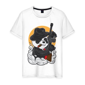 Мужская футболка хлопок с принтом Panda Gangster в Екатеринбурге, 100% хлопок | прямой крой, круглый вырез горловины, длина до линии бедер, слегка спущенное плечо. | art | automatic | bandit | gangster | panda | weapons | автомат | арт | бандит | гангстер | оружие | панда