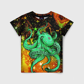 Детская футболка 3D с принтом Cosmo Octopus в Екатеринбурге, 100% гипоаллергенный полиэфир | прямой крой, круглый вырез горловины, длина до линии бедер, чуть спущенное плечо, ткань немного тянется | cosmo | kraken | medusa | meduza | ocean | octopus | pirates | арт | ван | гог | звезды | искусство | картина | космос | кракен | красочный | медуза | море | океан | осьминог | пираты | принт | стиль