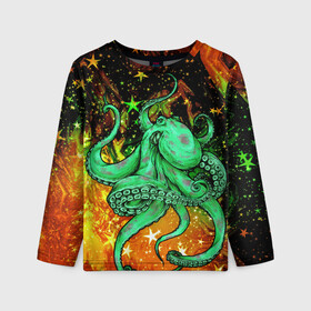 Детский лонгслив 3D с принтом Cosmo Octopus в Екатеринбурге, 100% полиэстер | длинные рукава, круглый вырез горловины, полуприлегающий силуэт
 | cosmo | kraken | medusa | meduza | ocean | octopus | pirates | арт | ван | гог | звезды | искусство | картина | космос | кракен | красочный | медуза | море | океан | осьминог | пираты | принт | стиль