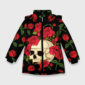 Зимняя куртка для девочек 3D с принтом Skull Roses в Екатеринбурге, ткань верха — 100% полиэстер; подклад — 100% полиэстер, утеплитель — 100% полиэстер. | длина ниже бедра, удлиненная спинка, воротник стойка и отстегивающийся капюшон. Есть боковые карманы с листочкой на кнопках, утяжки по низу изделия и внутренний карман на молнии. 

Предусмотрены светоотражающий принт на спинке, радужный светоотражающий элемент на пуллере молнии и на резинке для утяжки. | rose | roses | анатомия | белая | белое | гот | косплей | кости | кость | костюм | красочная | пират | пираты | подарок | прикольная | роза | светлая | стиль | темная | тренд | чб | череп | черепа | черепушки