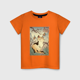 Детская футболка хлопок с принтом Кот в японском стиле в Екатеринбурге, 100% хлопок | круглый вырез горловины, полуприлегающий силуэт, длина до линии бедер | hokusai | kanji | picture | poster | в стиле | видами | горы | деревья | искусство | кандзи | картина | кот | котейка | котенок | котэ | котята | кошечка | кошка | красотами | любуется | пейзаж | постер | стиль | фреска