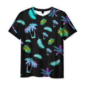 Мужская футболка 3D с принтом Tropiki в Екатеринбурге, 100% полиэфир | прямой крой, круглый вырез горловины, длина до линии бедер | Тематика изображения на принте: брызги красок | кокос | космос | краска | летняя ночь | лето | лист пальмы | неон | неоновая пальма | пальма | перо | пляж