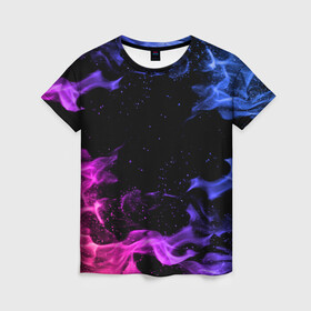 Женская футболка 3D с принтом ОГОНЬ НЕОН в Екатеринбурге, 100% полиэфир ( синтетическое хлопкоподобное полотно) | прямой крой, круглый вырез горловины, длина до линии бедер | абстракция | горит | неон | неоновый | огонь | пламя | пожар | синий | текстура | фиолетовый | яркий