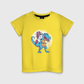 Детская футболка хлопок с принтом Единорог верхом на динозавре в Екатеринбурге, 100% хлопок | круглый вырез горловины, полуприлегающий силуэт, длина до линии бедер | Тематика изображения на принте: dino | dinosaur | dinosaurus | evil | t rex | unicorn | верхом на динозавре | динозавр | единорог | животные | забавная | забавные | злой | милый | прикол | прикольная | прикольные | радуга | ржака | с юмором | ти рекс