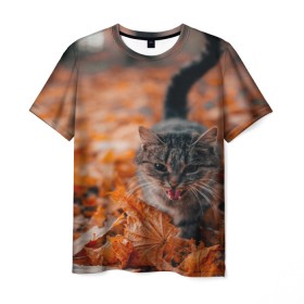 Мужская футболка 3D с принтом мяукающий кот осенние листья в Екатеринбурге, 100% полиэфир | прямой крой, круглый вырез горловины, длина до линии бедер | золотая осень | кот | кошка | крик | листва | листья | мяу | мяукает | осень | сезон | уличный котейка