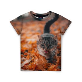 Детская футболка 3D с принтом мяукающий кот осенние листья в Екатеринбурге, 100% гипоаллергенный полиэфир | прямой крой, круглый вырез горловины, длина до линии бедер, чуть спущенное плечо, ткань немного тянется | золотая осень | кот | кошка | крик | листва | листья | мяу | мяукает | осень | сезон | уличный котейка