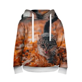 Детская толстовка 3D с принтом мяукающий кот осенние листья в Екатеринбурге, 100% полиэстер | двухслойный капюшон со шнурком для регулировки, мягкие манжеты на рукавах и по низу толстовки, спереди карман-кенгуру с мягким внутренним слоем | Тематика изображения на принте: золотая осень | кот | кошка | крик | листва | листья | мяу | мяукает | осень | сезон | уличный котейка