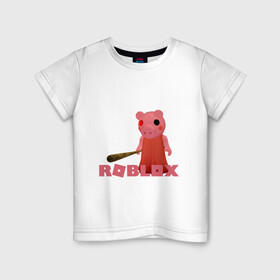 Детская футболка хлопок с принтом ROBLOX: PIGGI. в Екатеринбурге, 100% хлопок | круглый вырез горловины, полуприлегающий силуэт, длина до линии бедер | game | gamer | logo | minecraft | piggi | roblox | simulator | игра | конструктор | лого | пигги | свинья | симулятор | строительство | фигура