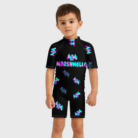 Детский купальный костюм 3D с принтом Marshmello в Екатеринбурге, Полиэстер 85%, Спандекс 15% | застежка на молнии на спине | fortnite | marshmello | абстракция | диджей | игра | маршмелло | маршмеллоу | маршмелоу | музыка | неон | фортнайт