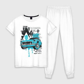 Женская пижама хлопок с принтом Ретро в Екатеринбурге, 100% хлопок | брюки и футболка прямого кроя, без карманов, на брюках мягкая резинка на поясе и по низу штанин | английский | арт | краска | машина | надписи | подтёки | ретро | рисунок | синий
