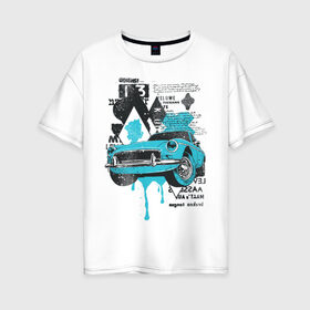 Женская футболка хлопок Oversize с принтом Ретро в Екатеринбурге, 100% хлопок | свободный крой, круглый ворот, спущенный рукав, длина до линии бедер
 | английский | арт | краска | машина | надписи | подтёки | ретро | рисунок | синий