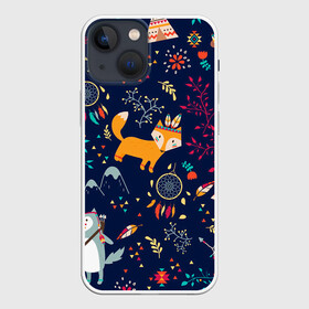 Чехол для iPhone 13 mini с принтом Звери природа индейцы этно в Екатеринбурге,  |  | ветки | волк | горы | звери | индейцы | лес | лис | лиса | листья | ловец снов | медведь | природа | синий | треугольники | узор | цветы | этно
