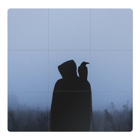 Магнитный плакат 3Х3 с принтом Силуэт ворон капюшон ночь в Екатеринбурге, Полимерный материал с магнитным слоем | 9 деталей размером 9*9 см | вечер | ворон | дьявол | капюшон | монстр | мрачно | ночь | птица | путник | силуэт | символ | сумерки | хэллоуин