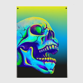 Постер с принтом Neon skull в Екатеринбурге, 100% бумага
 | бумага, плотность 150 мг. Матовая, но за счет высокого коэффициента гладкости имеет небольшой блеск и дает на свету блики, но в отличии от глянцевой бумаги не покрыта лаком | color | grin | jaw | orbits | skull | teeth | зубы | оскал | пасть | цвет | череп